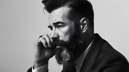 Thoughtful, bearded man in a suit, captured in black and white, conveying a pensive and contemplative mood.