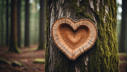 Heart Carved Tree Trunk Initials Inside Forest - Romantic Love Concept Image