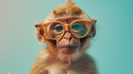 A monkey wearing horn-rimmed glasses is looking at the camera with a curious expression.