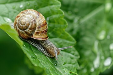 A small snail is crawling on a leaf. The snail is brown and black in color. The leaf is brown and has some dirt on it