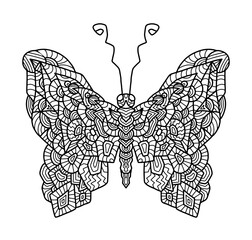 Illustration of a butterfly. Doodle art pattern. Anti-stress coloring page for adult on a transparent background