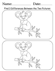 Koala Puzzle. Printable Activity Page for Kids. Educational Resources for School for Kids. Kids Activity Worksheet. Find Differences Between 2 Shapes