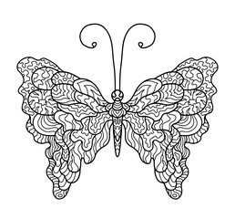 Illustration of a butterfly. Doodle art pattern. Anti-stress coloring page for adult on a transparent background