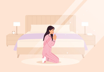 Vector illustration. In the morning the girl is on her knees, hands folded, and prays.