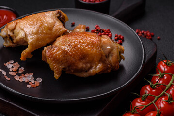 Delicious juicy chicken thighs baked on the grill with salt