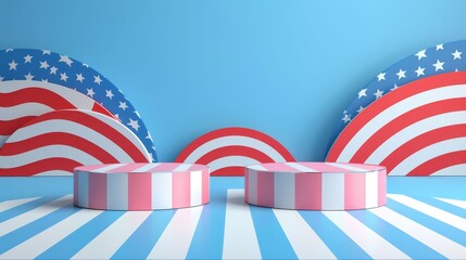 3d rendering patriotic-themed stage, circular platforms for product display, on the American flag background. Independence Day, national pride, patriotic celebration concept