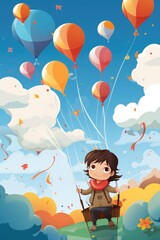 Obraz premium little child fly with colorful balloons illustration