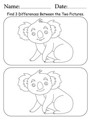 Koala Puzzle. Printable Activity Page for Kids. Educational Resources for School for Kids. Kids Activity Worksheet. Find Differences Between 2 Shapes