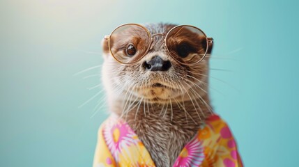 A photo of an otter wearing glasses and a hawaiian shirt.