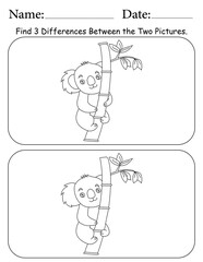Koala Puzzle. Printable Activity Page for Kids. Educational Resources for School for Kids. Kids Activity Worksheet. Find Differences Between 2 Shapes