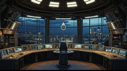 Control room monitoring surveillance video camera control city - Empty space dark room office full of screen device from secret service public safety computer station center. No people indoors