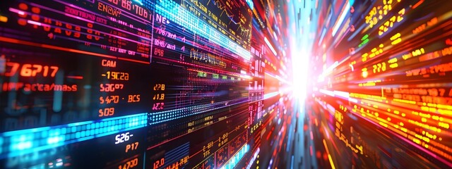 Naklejka premium RetroFuturistic D Collage of Dynamic Tickers and News Headlines in a Vibrant Information Overload