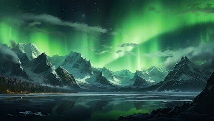  Stellar Shores Green Nebula and Snowy Mountains Under Night's Embrace