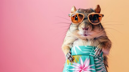 A squirrel wearing sunglasses and a hawaiian shirt is standing on a pink background. The squirrel is holding a tiny umbrella.