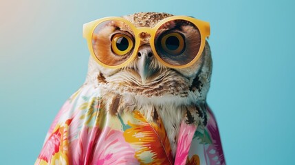 An owl wearing sunglasses and a hawaiian shirt.