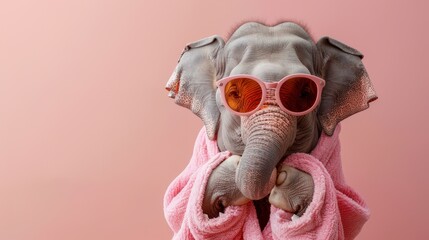 An elephant wearing sunglasses and a pink bathrobe.