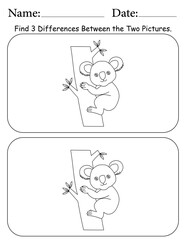 Koala Puzzle. Printable Activity Page for Kids. Educational Resources for School for Kids. Kids Activity Worksheet. Find Differences Between 2 Shapes
