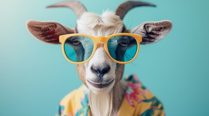 Goat in yellow sunglasses and hawaiian shirt on blue background.