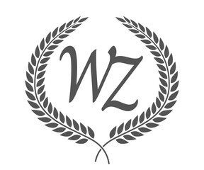 Initial letter W and Z, WZ monogram logo design with laurel wreath. Luxury calligraphy font.