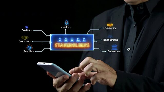 Stakeholders concept for business finance stakeholder investment management. Different stakeholders contact collaboration for company organization. Businessman showing stakeholders icon.