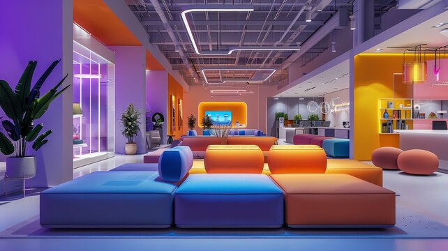 Dynamic office setting with multicolored gadgets and modern furniture