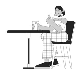Indian woman sitting at cafe table black and white 2D line cartoon character. South asian female visiting coffee shop isolated vector outline person. Relaxation monochromatic flat spot illustration
