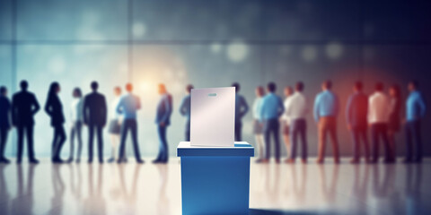 A business conference with people and put card in a blue vote box