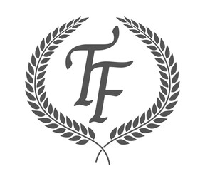 Initial letter T and F, TF monogram logo design with laurel wreath. Luxury calligraphy font.