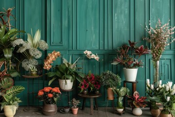 The room is abundant with numerous potted plants and shelves displaying them