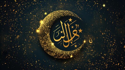 Fototapeta premium Eid Mubarak Islamic Design Crescent Moon and Arabic Calligraphy AI generated