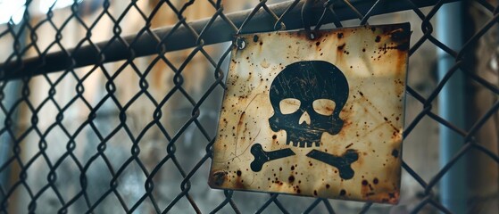 Rusty metal skull and crossbones warning sign hanging on chain-link fence, symbolizing danger and caution in an industrial area.