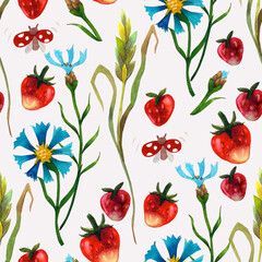 Watercolor floral seamless pattern with wildflowers, herbs, and berries on a light background. Endless ornament with garden and forest elements. Fabric, texture, background for bed linen, wallpapers