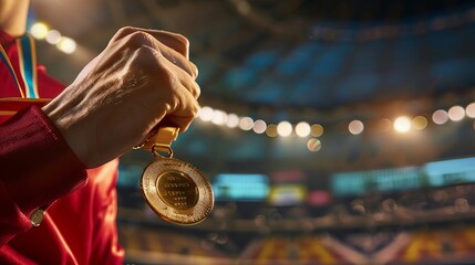 Close-up of an athlete's hand holding a gold medal in a stadium; celebrating victory and achievement in sports.