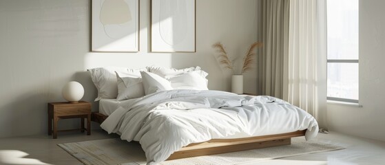 2005 40 A minimalist bedroom with a white bedspread, a single nightstand, and a small lamp