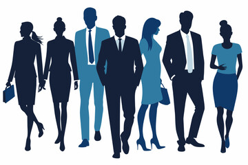 Vector silhouettes of men and a women, a group of standing and walking business people