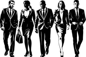 Vector silhouettes of men and a women, a group of standing and walking business people
