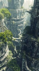 Obraz premium DataInfused Ethereal Vines Coexist with Monolithic Buildings in a Ecosystem