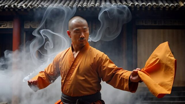 A Shaolin monk, deeply centered, uses an ancient chi technique to command the elemental forces around him. The swirling mist reacts to the graceful movements of his hands