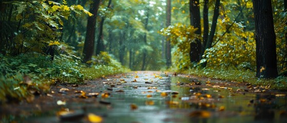 Scenic wet path in a lush forest, scattered yellow leaves, tall trees and green foliage, glistening leaves, softly blurred background enhancing tranquility