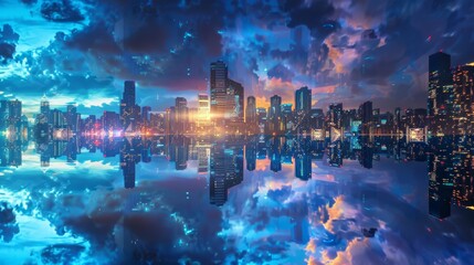 Fototapeta premium Cityscapes Reflected in a Holographic Sky