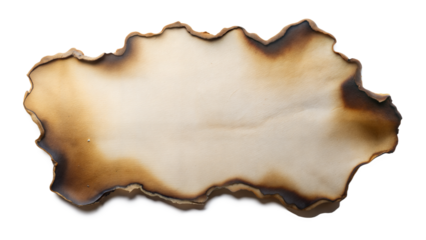A burnt parchment with irregular edges and dark brown singes, lying flat on a white surface