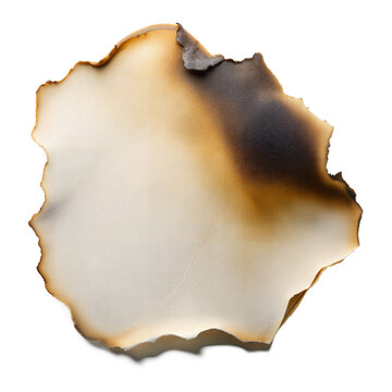A single sheet of paper with burned and charred edges, displaying various shades of brown and black
