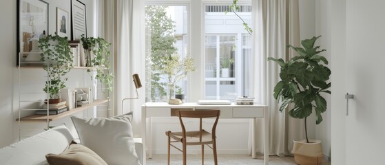 Fototapeta premium Simple home office with a white desk, a chair, and a single shelf, minimal decor and plenty of natural light, organized and efficient