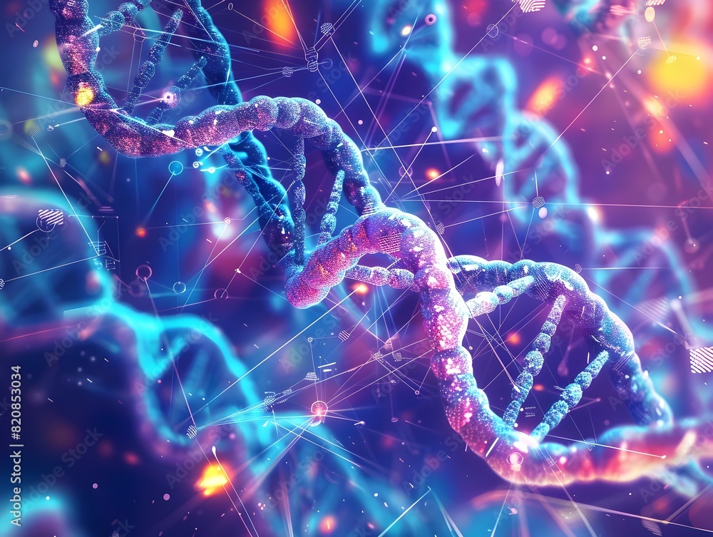 Poster vibrant d rendering of highcontrast microscopic dna patterns a glimpse into the foundation of life
