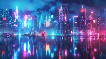 Obraz premium Cityscapes Reflected in a Holographic Sky