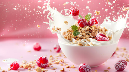 A white bowl filled with granola and raspberries is overflowing with milk, creating a dynamic splash against a vibrant pink background. The frozen raspberries and mint leaves add a touch of freshness 