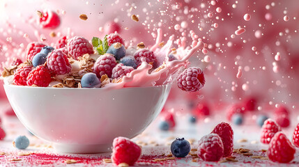 A vibrant bowl of granola, raspberries, and blueberries explodes with a splash of milk, capturing the energy and freshness of a delicious breakfast