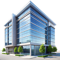 Fototapeta premium Contemporary office building with a glass facade and surrounding greenery, captured on a clear day