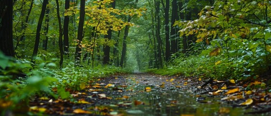 Obraz premium Wet path in a lush forest, yellow leaves scattered, surrounded by tall trees and green foliage, glistening leaves, softly blurred background enhancing tranquility