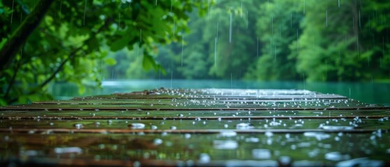 Fototapeta premium Wet wooden pier extending over water in a lush forest, water droplets visible on the surface, dense green foliage and trees in the background, tranquil ambiance